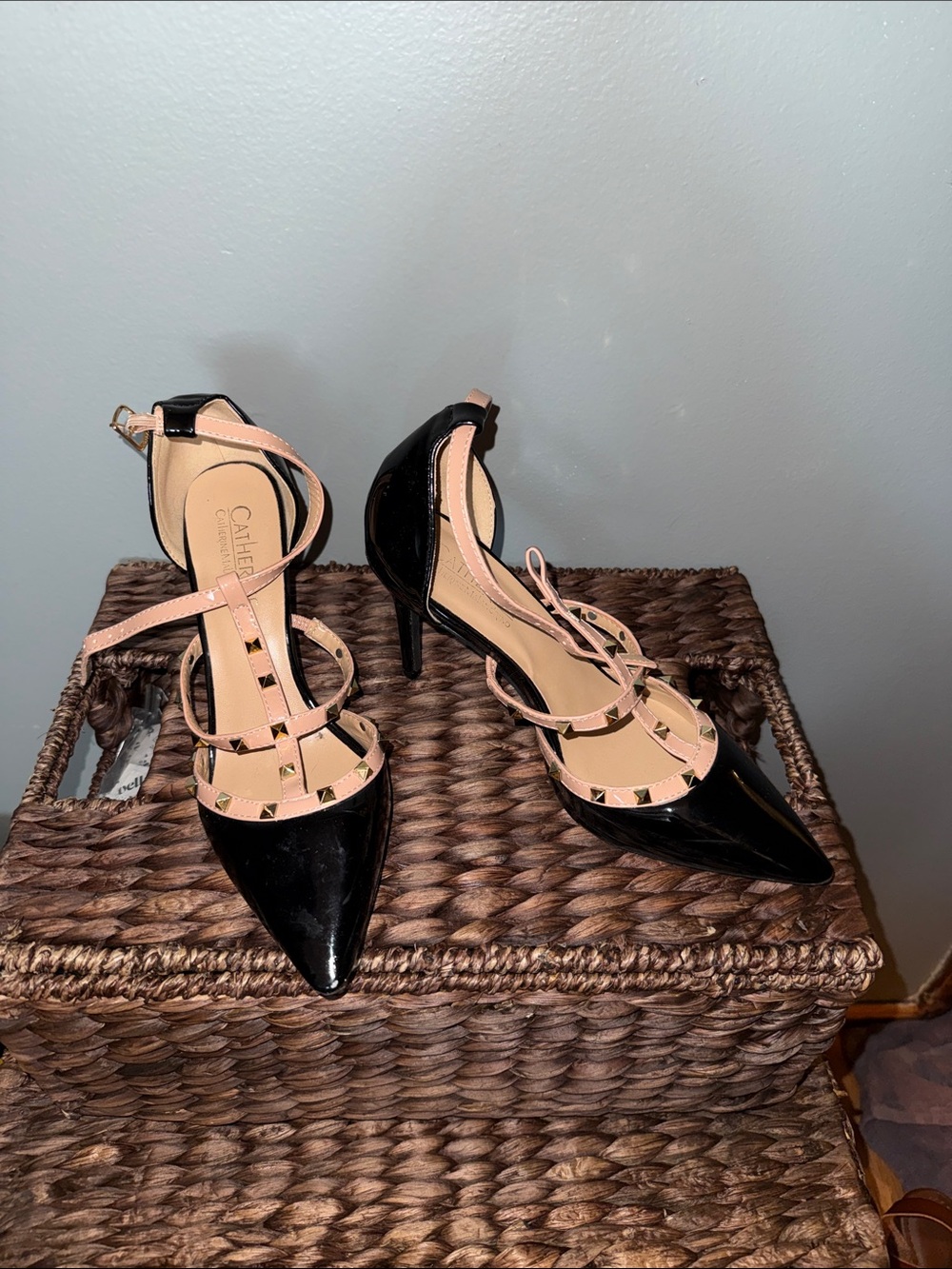 Catherine Malandrino Black Patent Pointed Toe Studded T-Strap Heels